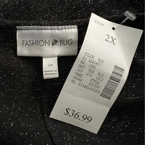 Fashion Bug Ruched Top NEW Black Silver Sparkle Blouse Plus Size 2X Medallion - Picture 8 of 10